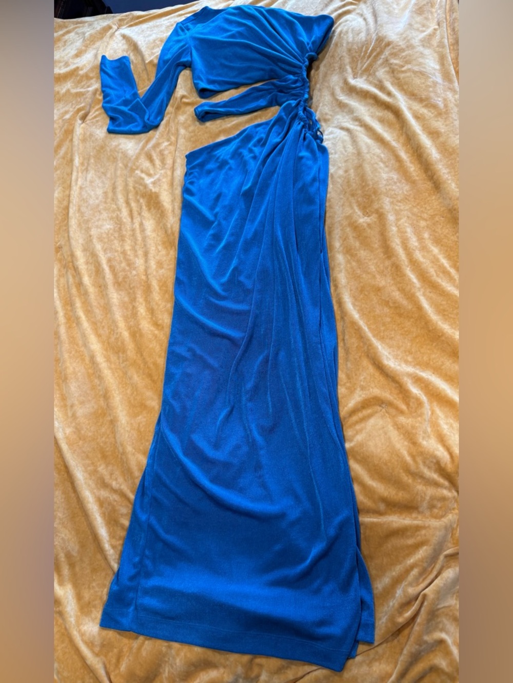 San Sloane Mika One Sleeve Cut Out Blue Maxi Dress with Side Tie